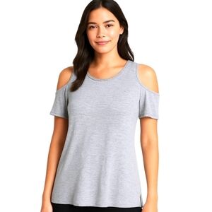 Ivanka Trump Gray Cold Shoulder Top M Beaded Neck Accent Trim Casual Feminine
